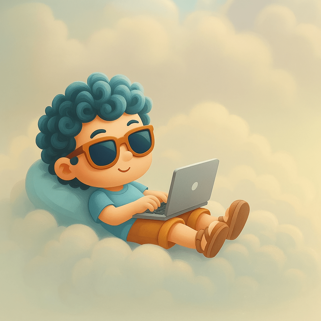 image of a cute 3d generated boy chilling on a cloud writing code on his laptop